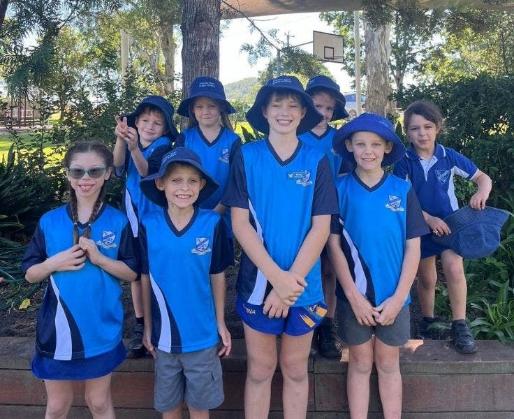 All students dressed in the school athletics shirts, preparing to run in the combined small schools cross country carnival.