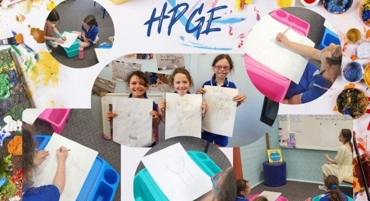 HPGE photo collage of students engaging with volunteer and learning to draw a self portrait. Middle photo is the three students displaying the finished art works.