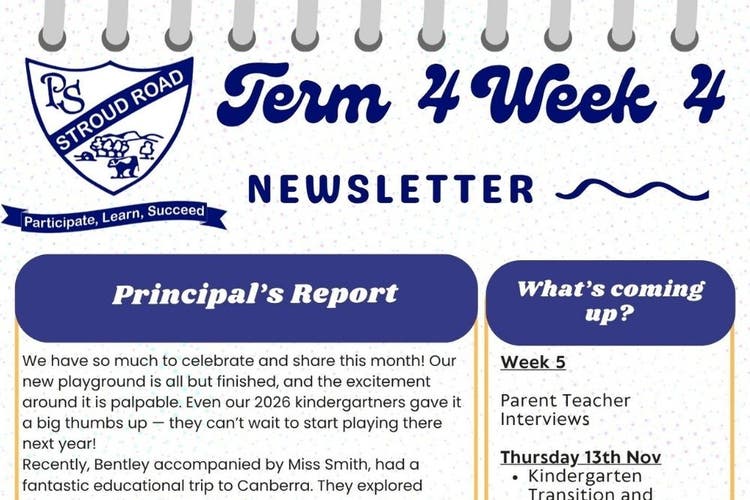 Visual of the newsletter - Contains school logo, term and week and start of principals report and what's coming up